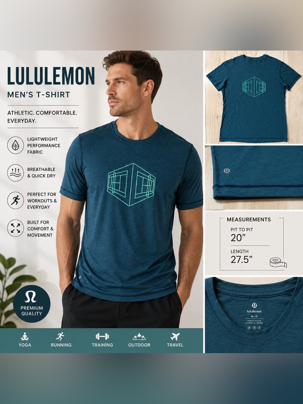 lululemon Men’s Teal Blue Short Sleeve Athletic Running T-Shirt Size M